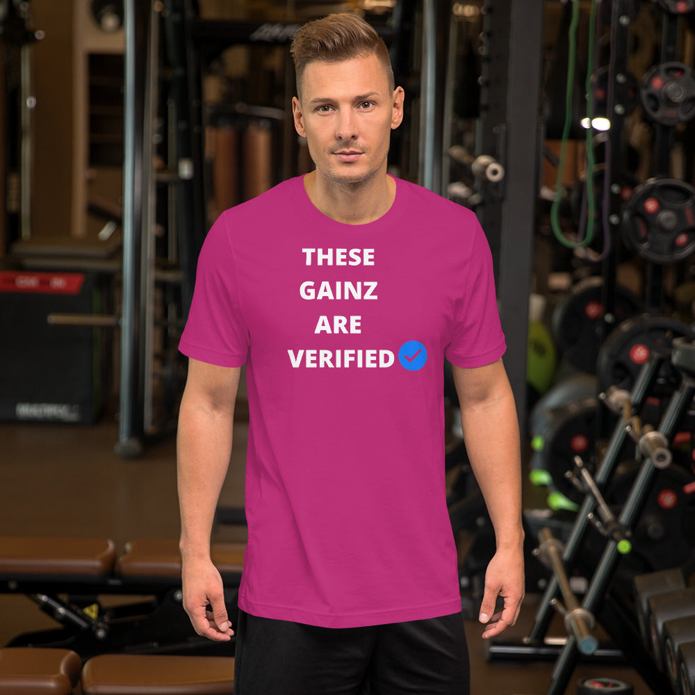 Verified gainz Short-Sleeve Unisex T-Shirt (white letters)