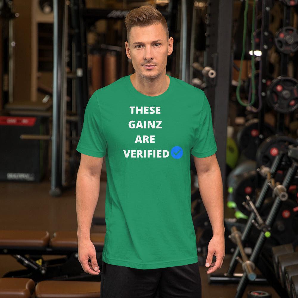 Verified gainz Short-Sleeve Unisex T-Shirt (white letters)
