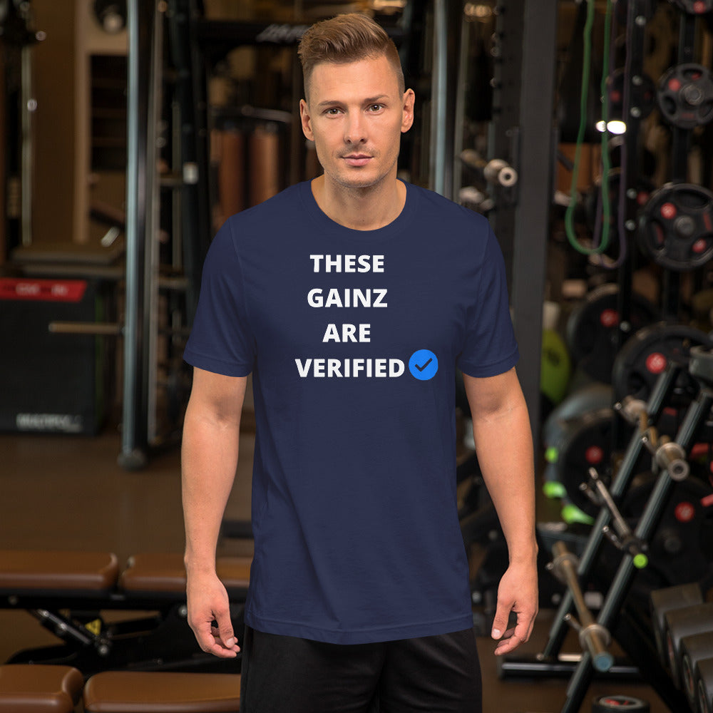 Verified gainz Short-Sleeve Unisex T-Shirt (white letters)