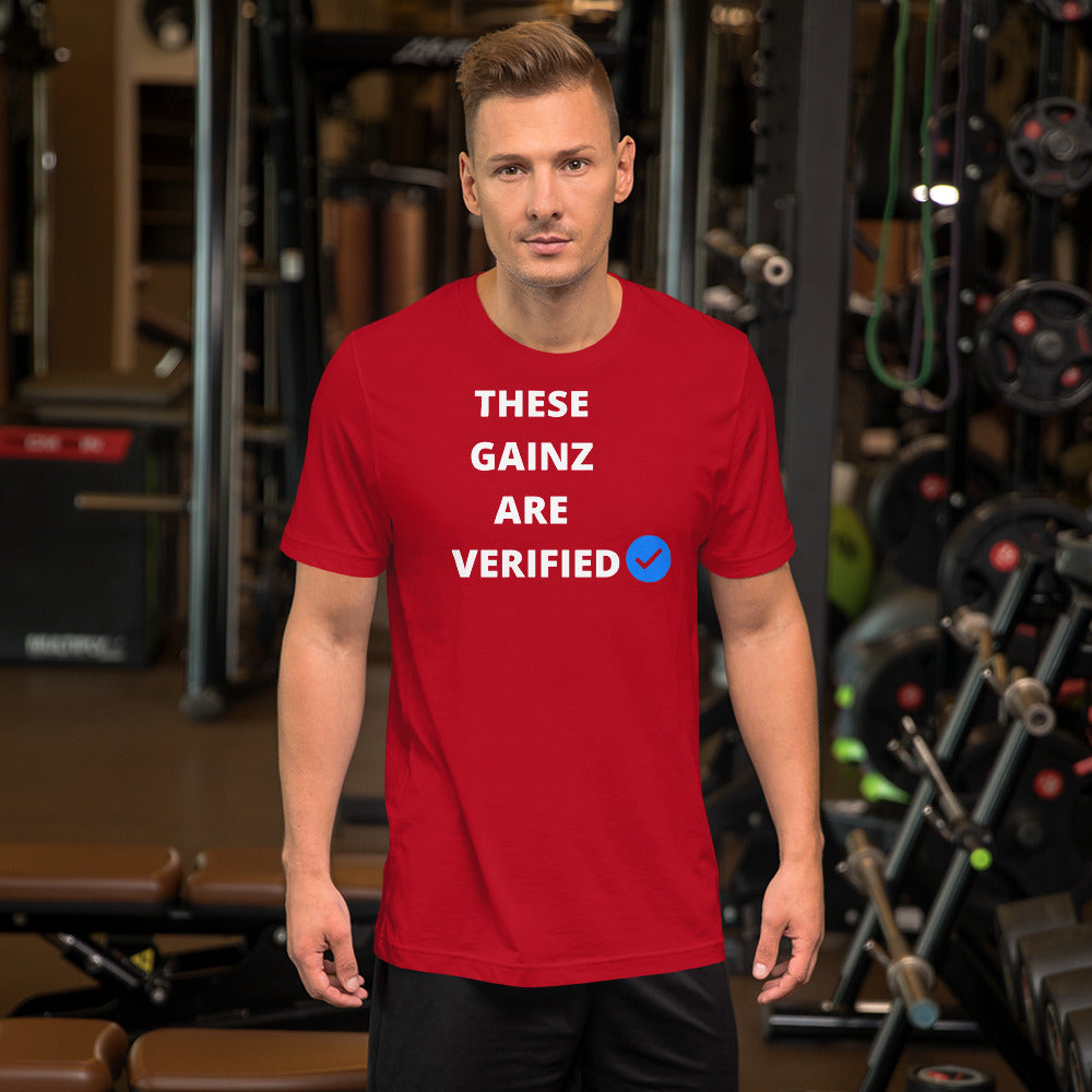 Verified gainz Short-Sleeve Unisex T-Shirt (white letters)